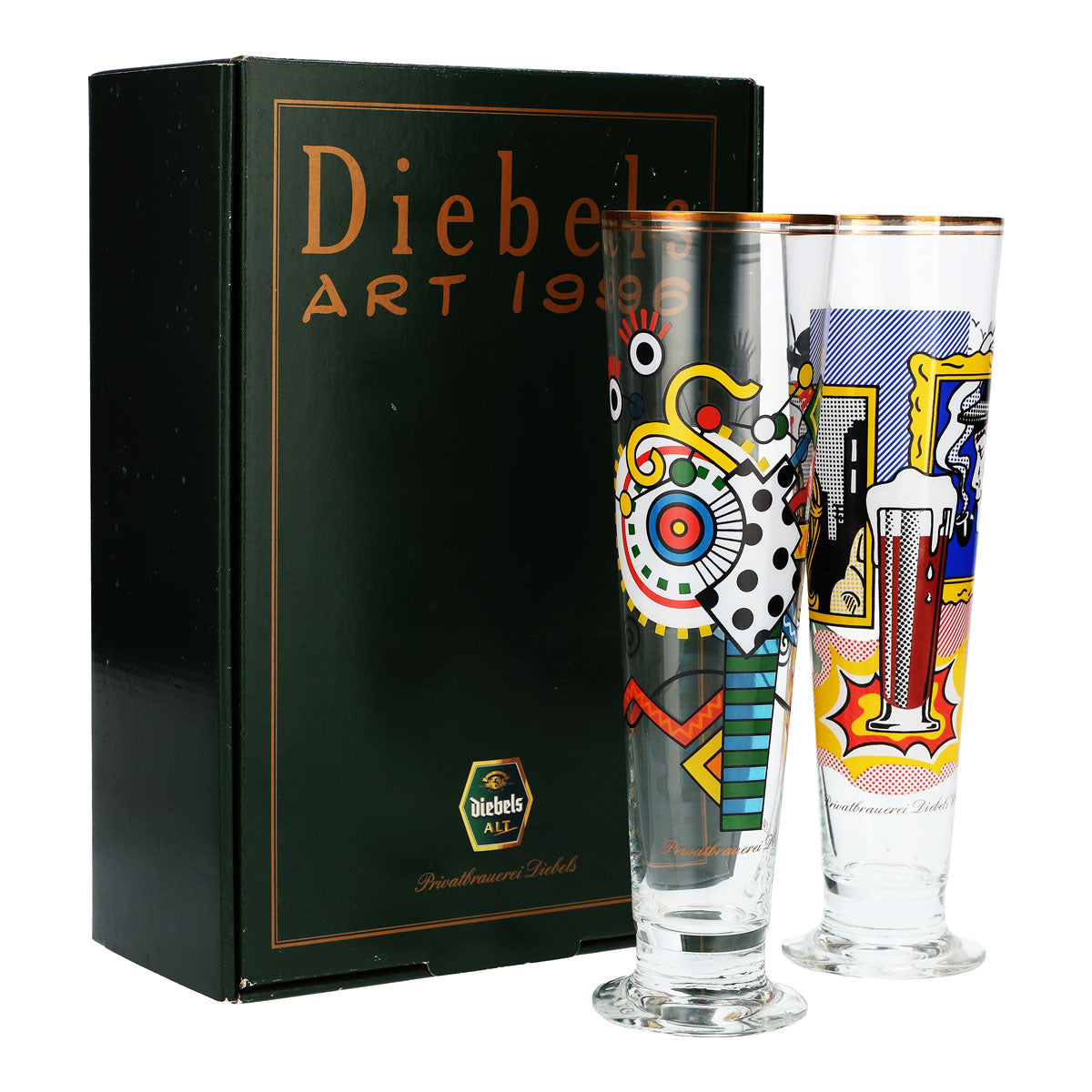 2x Diebels beer glass collector's box including 2 special glasses, type 1996, with data sheet