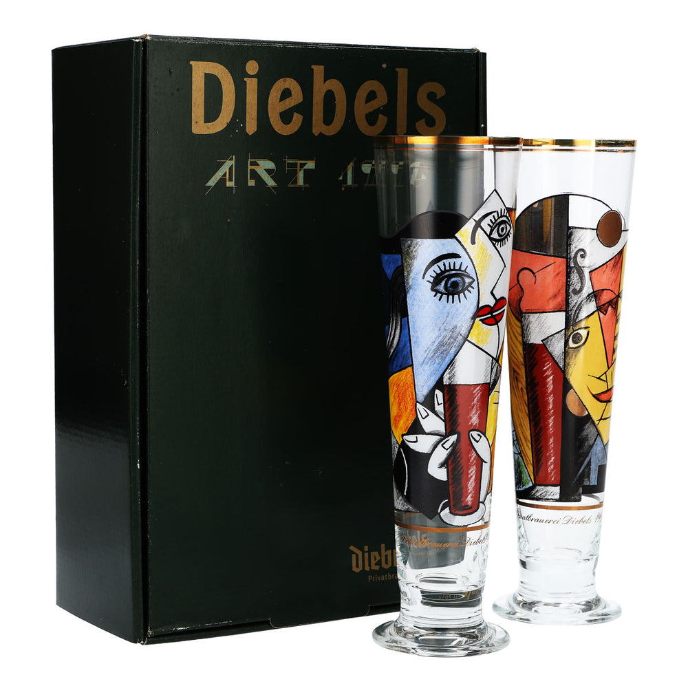 2x Diebels beer glass collector's box including 2 special glasses, type 1998, with data sheet