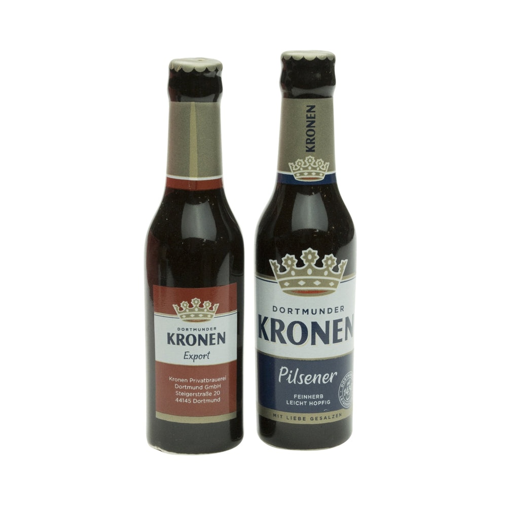 2x Kronen beer salt shaker and pepper shaker, ceramic