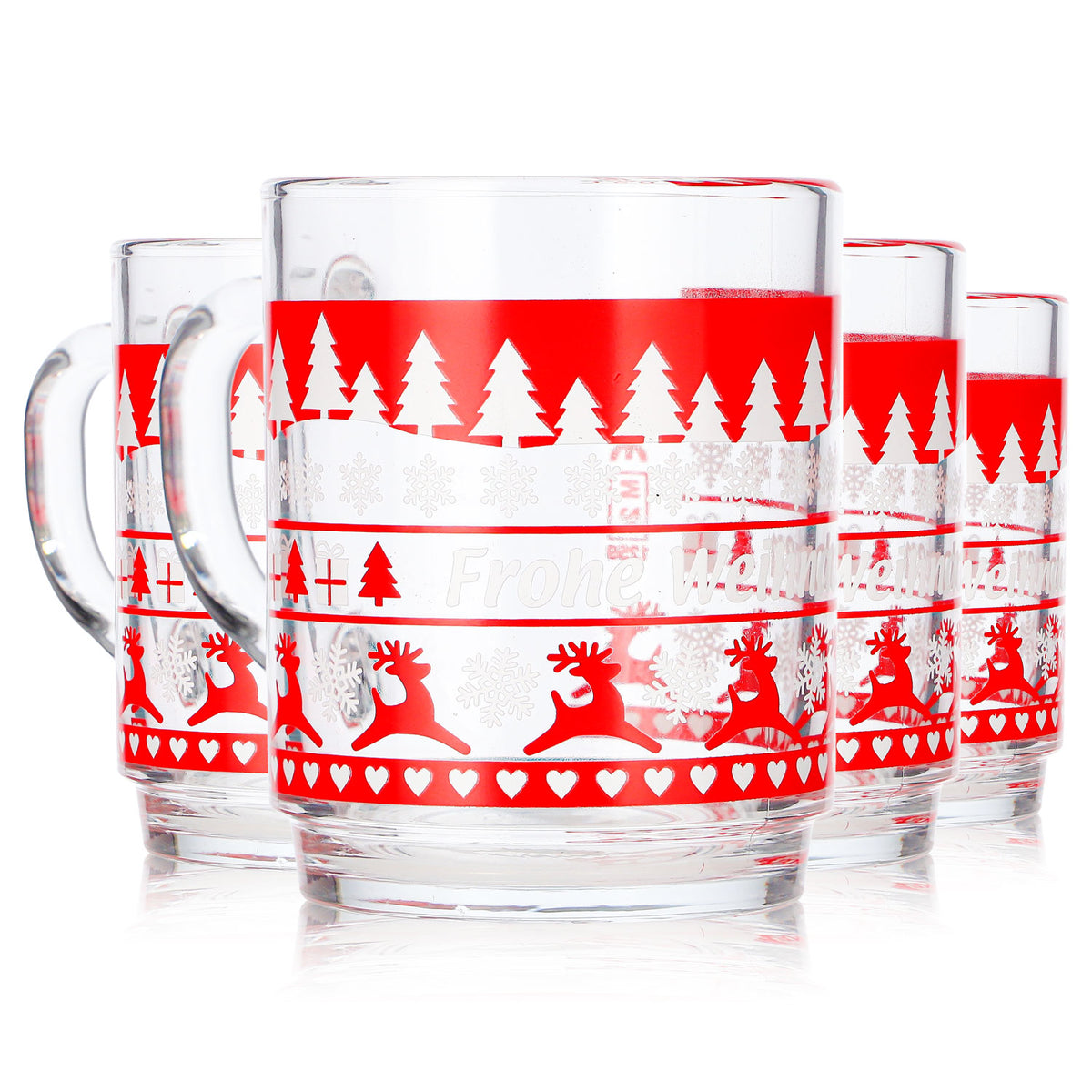 4 Mohaba Clear Glass Mulled Wine Mugs with Norwegian Deer Pattern, 0.2 L, Calibrated