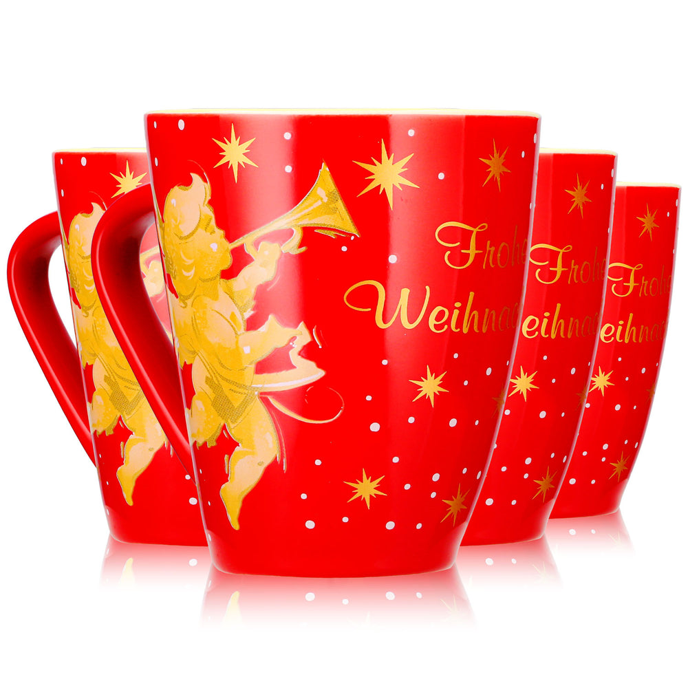 4 Mohaba Mulled Wine Mugs, Model 2000, "Merry Christmas with an Angel," Fire Red / Cream, 0.2 L, Calibrated