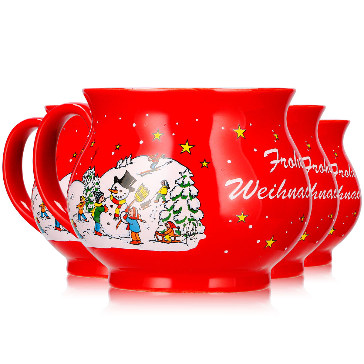 4 Mohaba Mulled Wine Mugs, Round Mugs, Merry Christmas, Winter, Fire Red, 0.2 L, Calibrated