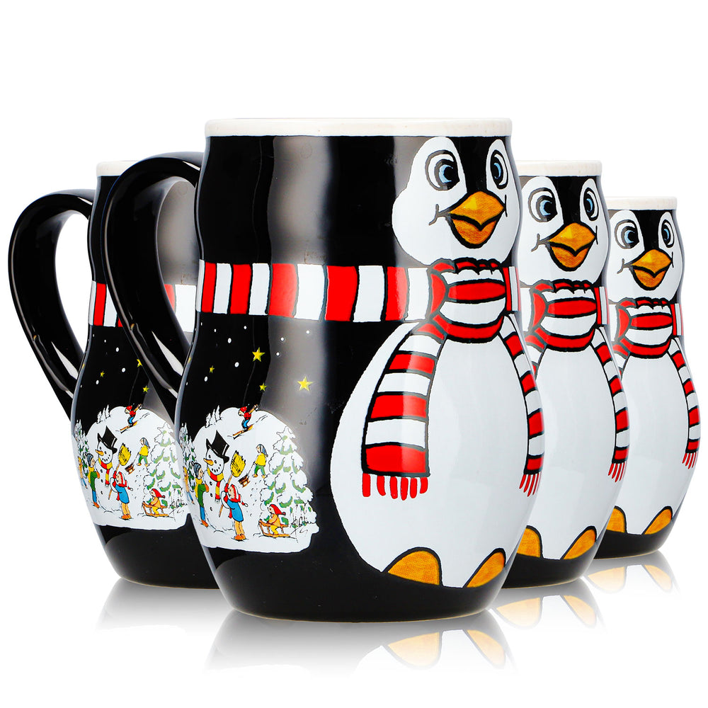4 Mohaba Mulled Wine Mugs, Penguin Mug with Relief Design, "Merry X-mas," Black/White, 0.2 L, Calibrated