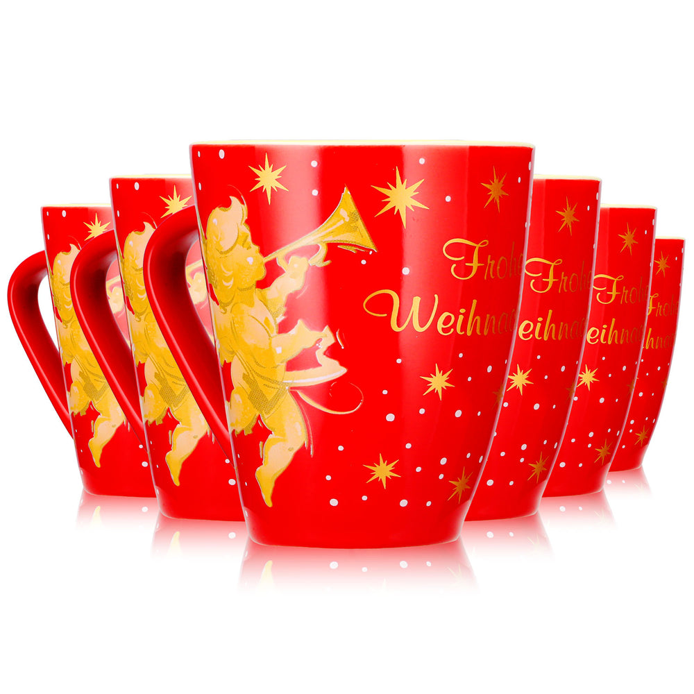 6 Mohaba Mulled Wine Mugs, Model 2000, "Merry Christmas with an Angel," Fire Red / Cream, 0.2 L, Calibrated