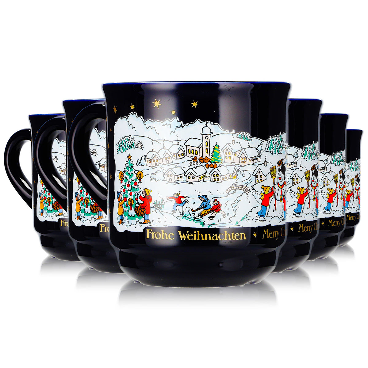 6 Mohaba Mulled Wine Mugs, Model 8000, "Merry Christmas" Winter, Cobalt Blue, 0.2 L, Calibrated