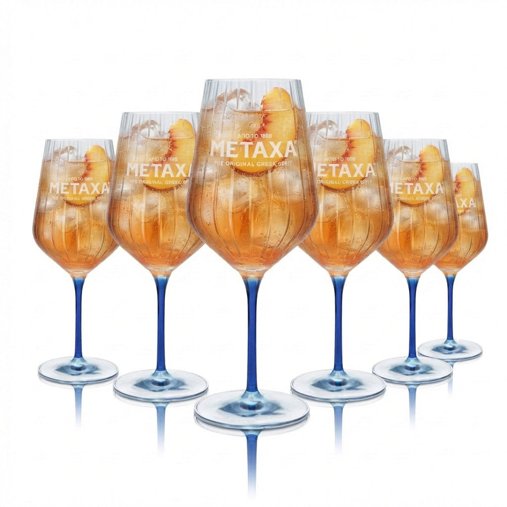 Set of 6 Metaxa brandy glasses, 0.57 l – embossed wine glass with blue base and stem