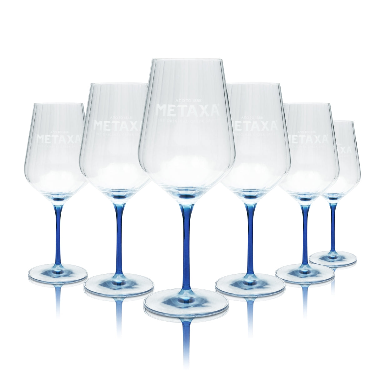 Set of 6 Metaxa brandy glasses, 0.57 l – embossed wine glass with blue base and stem – View 2