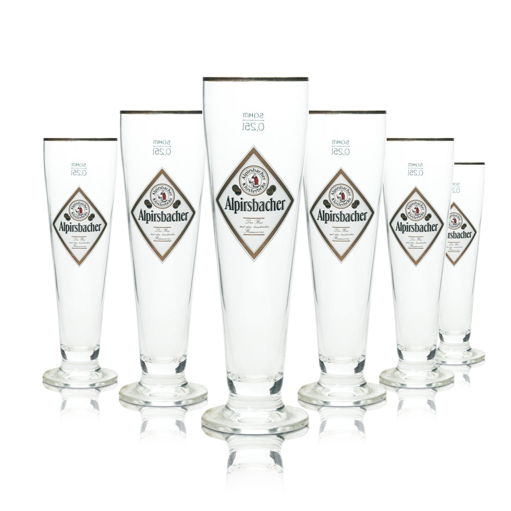6x Alpirsbacher beer glass 0.25l cup with gold rim, pilsner tulip glasses with stem, monastery