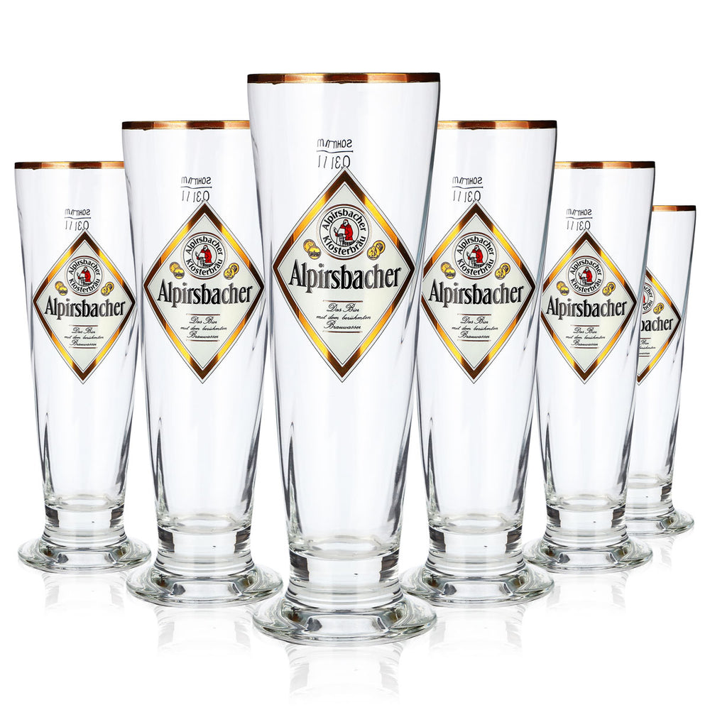 6 Alpirsbacher Beer Glasses, 0.3 L, Gold-Rimmed, with "Sahm Florenz" Relief Design (Set of 6)