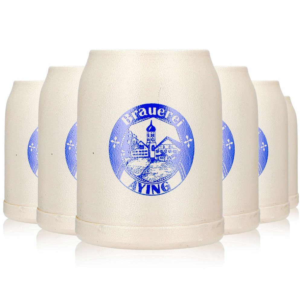 6 Ayinger Beer Glasses, 0.5 L, Blue Logo, Brewery-Style Earthenware (Set of 6)