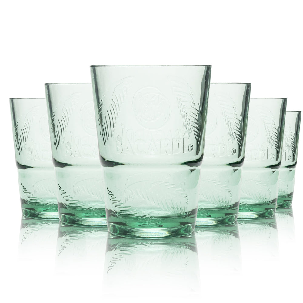 6x Bacardi reusable plastic cups, glass, 0.36 l, green long drink glasses with palm tree pattern