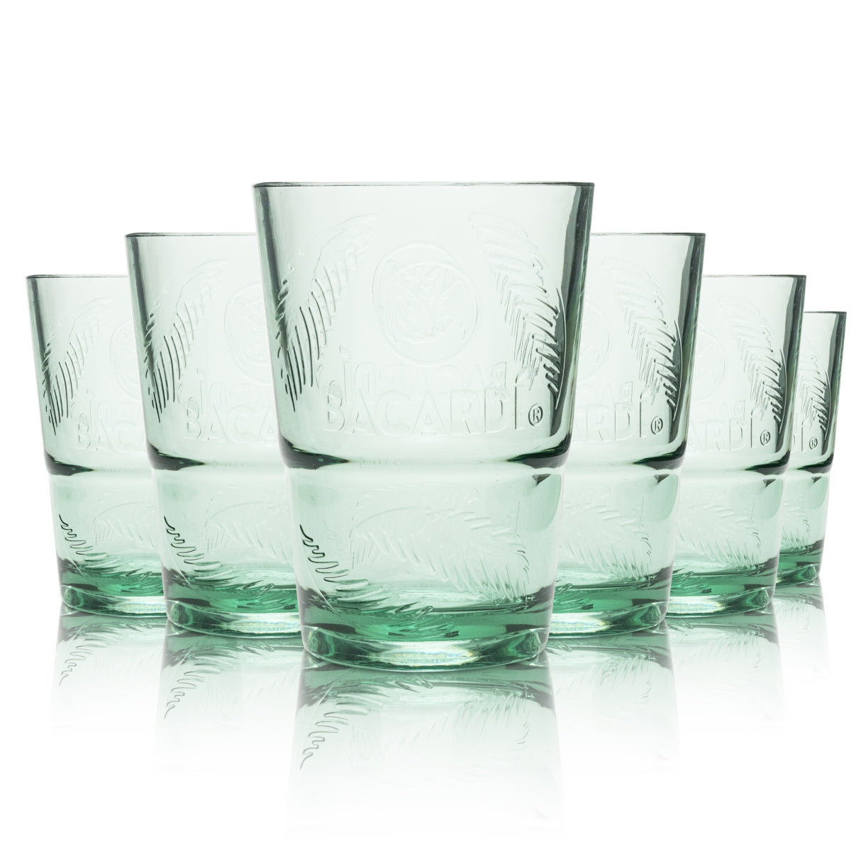 6x Bacardi reusable plastic cups, glass, 0.36 l, green long drink glasses with palm tree pattern