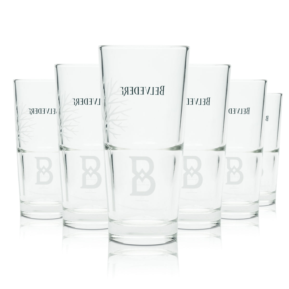 6x Belvedere Vodka Long Drink Glasses, New Design "B," Cocktail Glasses, Oak Bar
