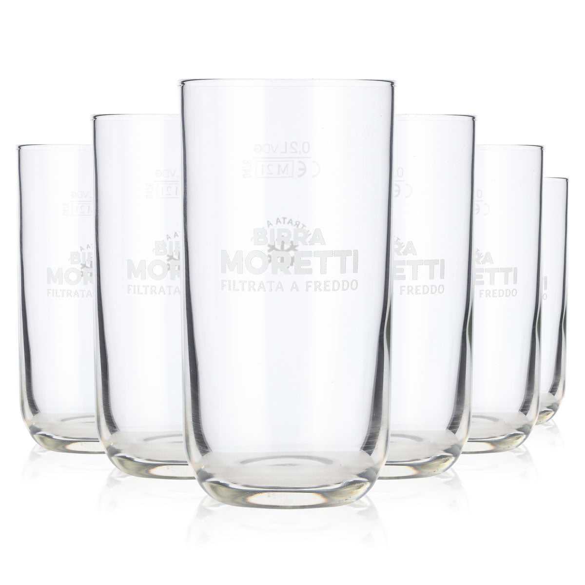 6 Birra Moretti Beer Glasses, 0.2 L Tumblers, White Lettering, Round Base (Set of 6)