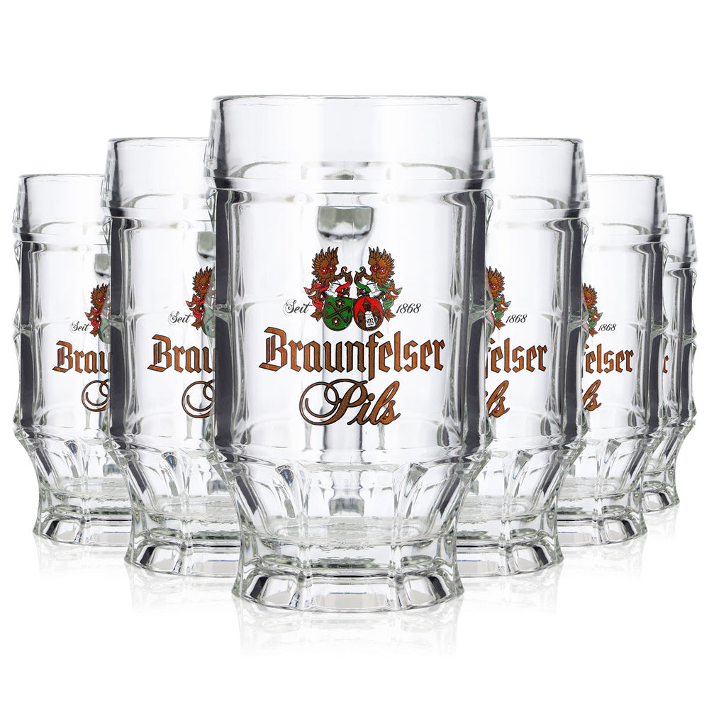 6 Braunfelser Beer Glasses, 0.3 L, "Krug Sahm Strassburg"
