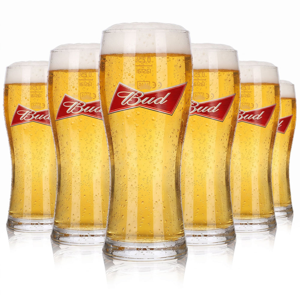 6 Budweiser Beer Glasses, 0.25 L, Long Drink, Willi Mug, Red Logo, Rastal