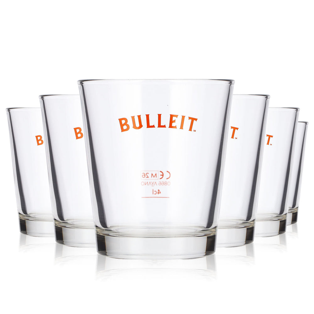 6 Bulleit Frontier Whiskey Glasses, 4 cl Tumblers with Orange Logo