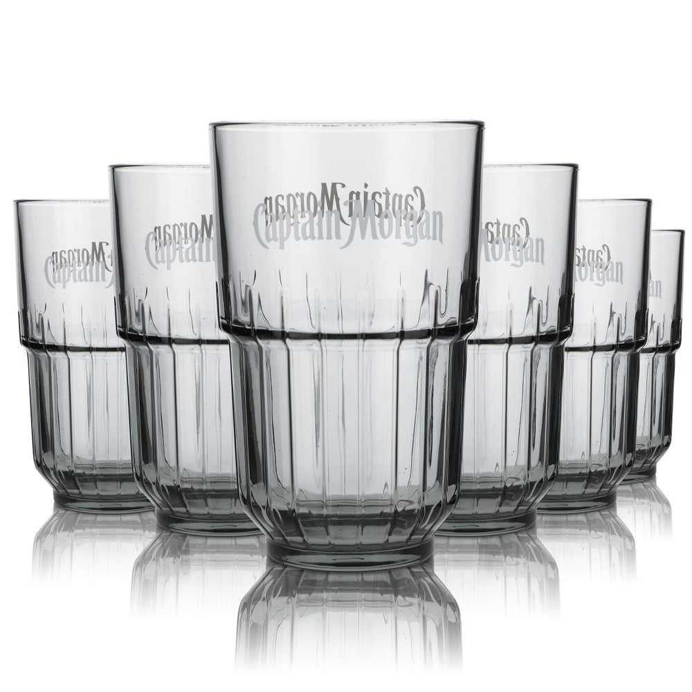6x Captain Morgan glass LinQ 0.4l long drink glass set relief cut black tint