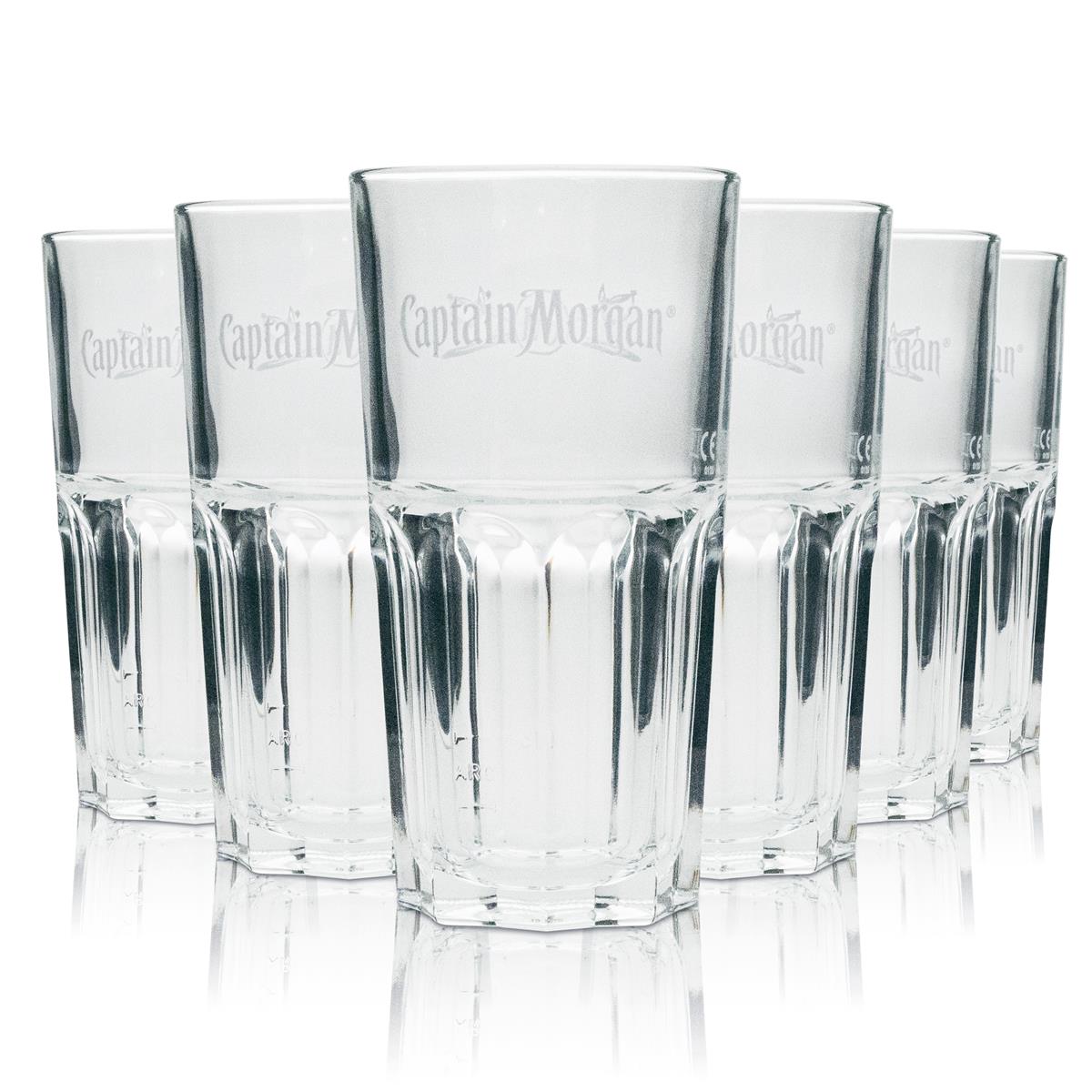 6x Captain Morgan Rum Glass Long Drink White Lettering/Sword Logo