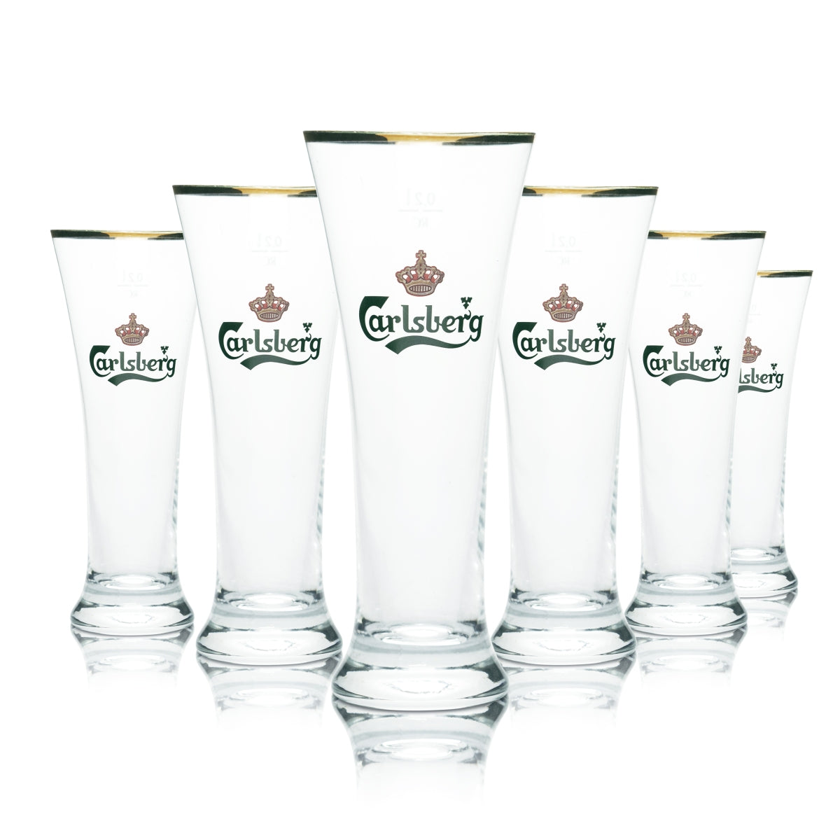 6x Carlsberg 0.2l beer glasses, tulip shape with gold rim, Pilsener brewery, catering