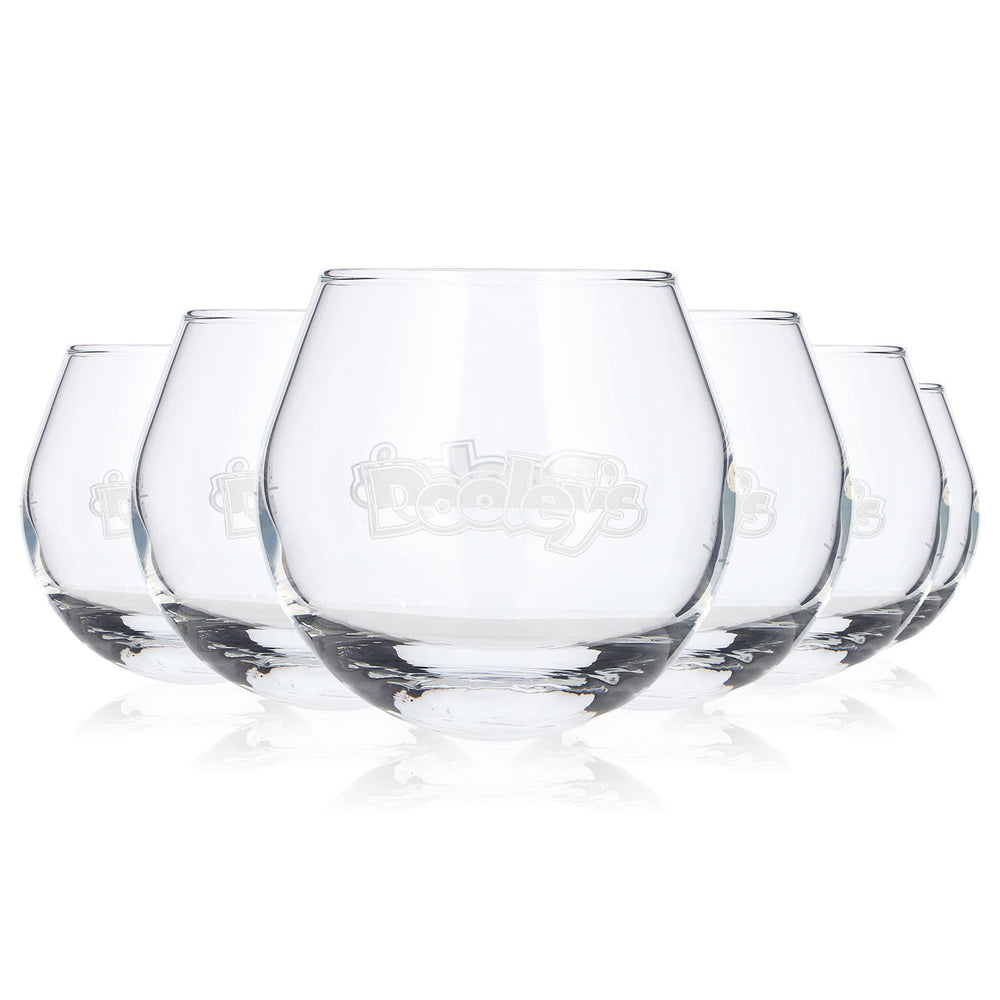 6 Dooley's Liqueur Glasses "Toffee Tipper" with White, Bold Logo and Wobbly Design (Set of 6)