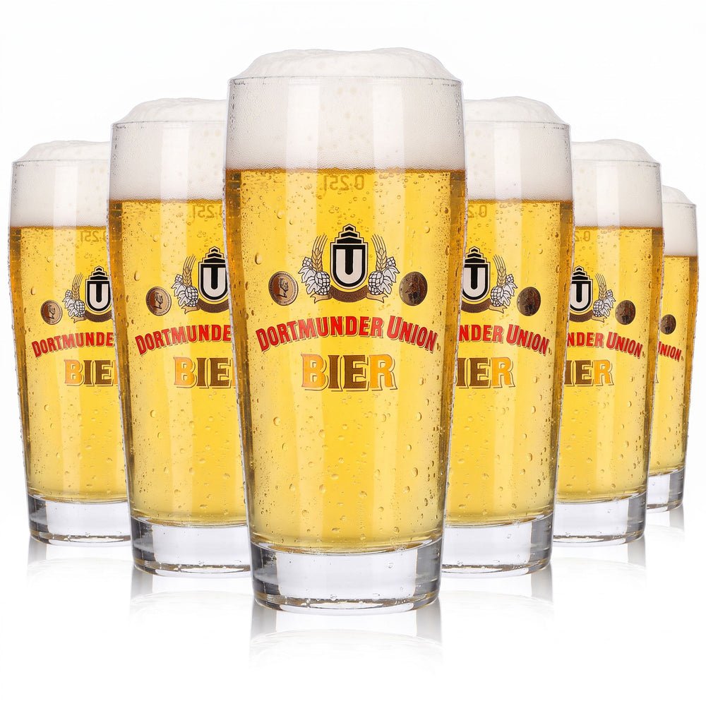 6x Dortmunder Union Beer Glass, 0.25 L, Willi Mug with Red Lettering (Set of 6)
