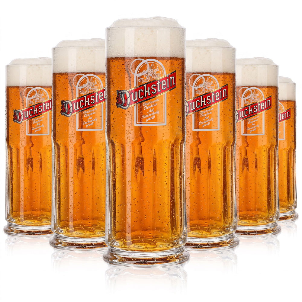 6x Duckstein Beer Glass Jug, 0.3 L, Red Logo with White Frame, Embossed (Set of 6)