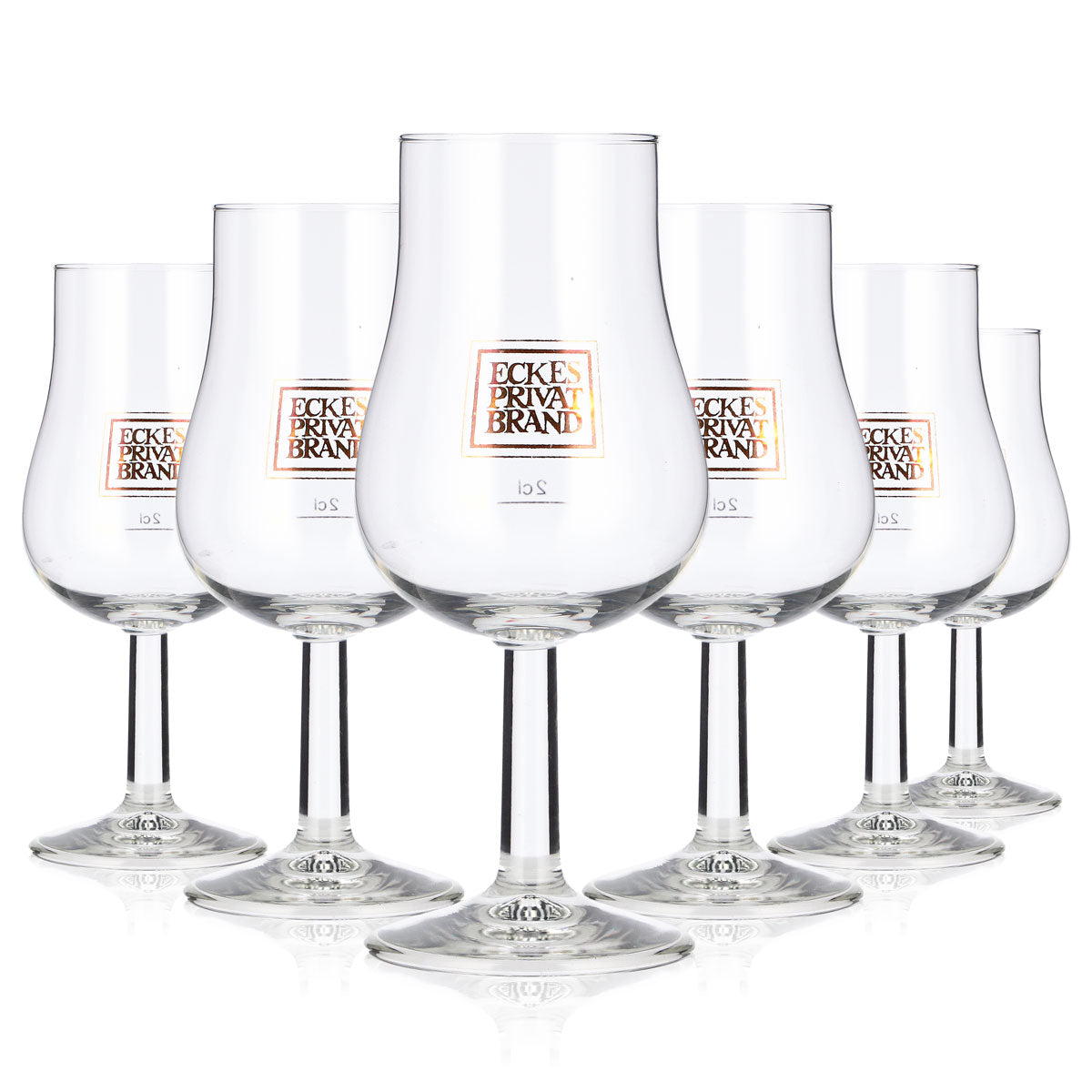 6 Eckes Brandy Glasses, 2 cl, Tulip Shape, Brown Logo, Böckling Privat Brand