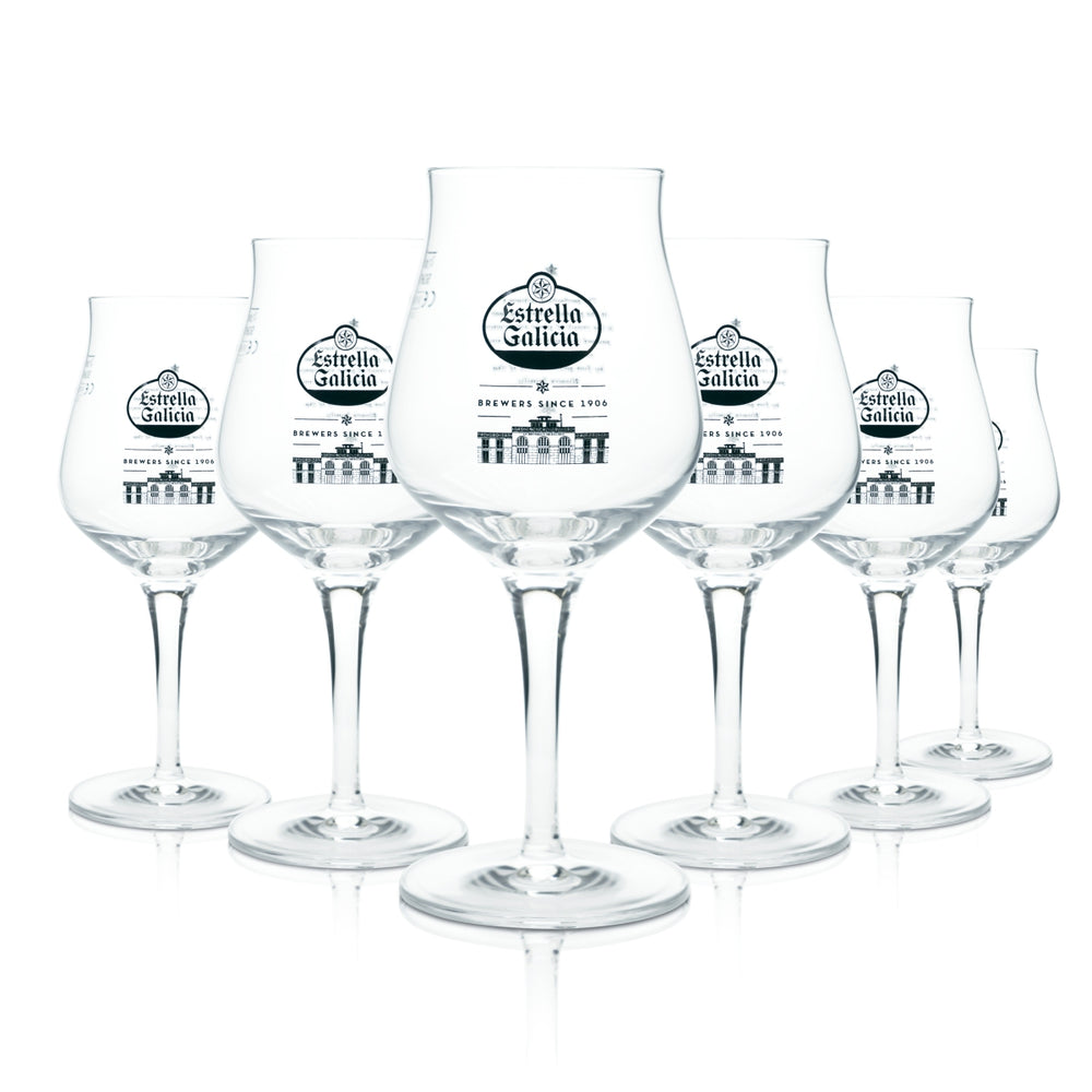 6x Estrella Galicia Beer Glass 2/3 Pint Sensory Tulip Glasses Lager Spain Bar