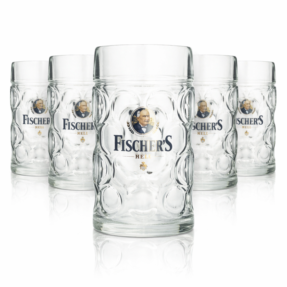 6x Fischer's beer mug glass 1l tankard Seidel contour glasses calibrated catering brewery