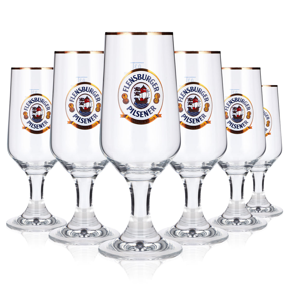 6 Flensburg Beer Glasses, 0.3 L, Tulip-Shaped, Golden Ritzenhoff Trophy Logo