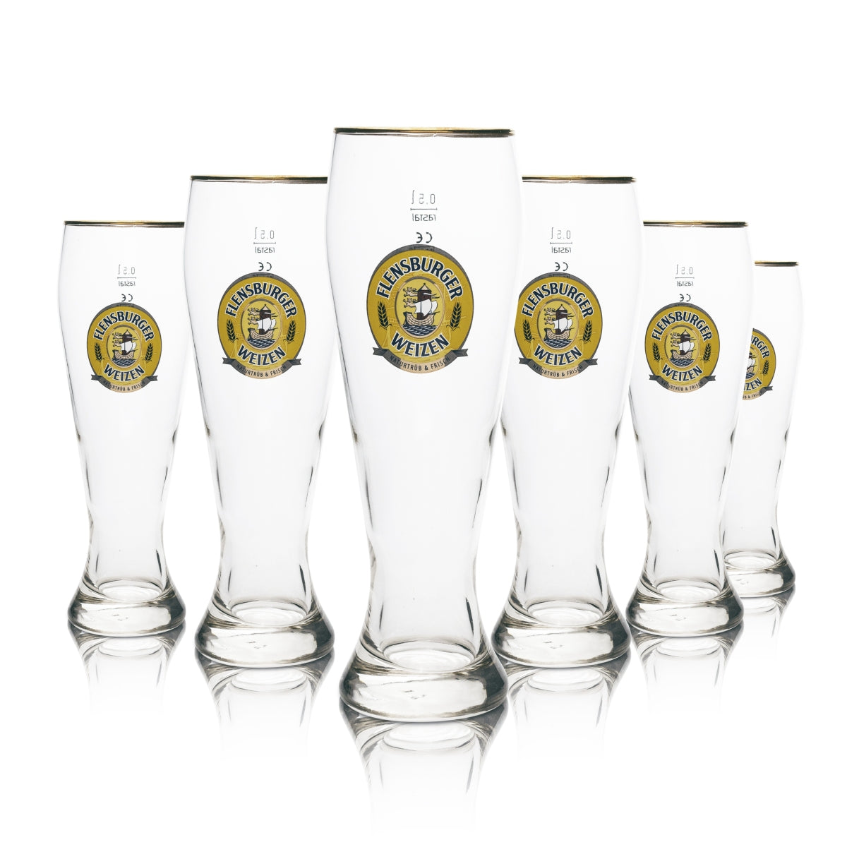 6x Flensburg Beer Glass Wheat 0.5l Gold Rim