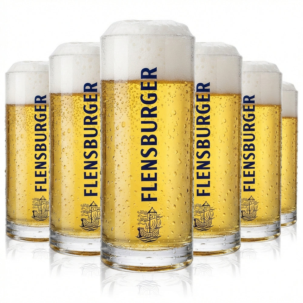6x Flensburg beer mug 0.3l glass beer glasses  Seidel tankard blue lettering