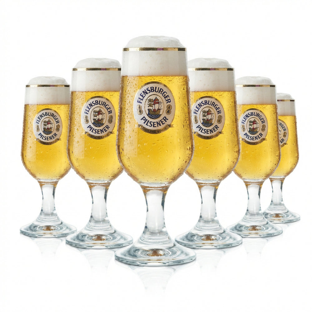 6x Flensburg glass 0.3l tulip cup with gold rim, calibrated, catering, Fries Pils