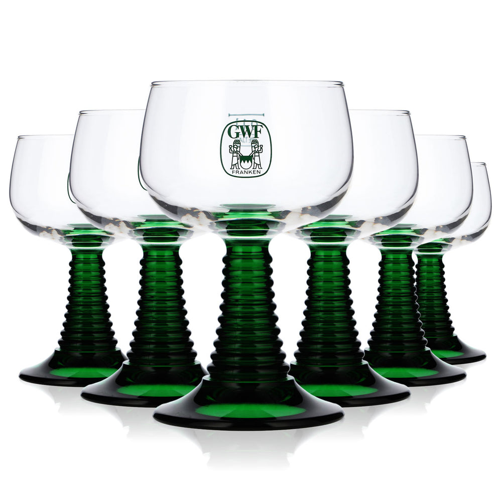 6x Franconian wine glass, Roman style, 0.1 l, Franconian Winegrowers' Cooperative, green stem