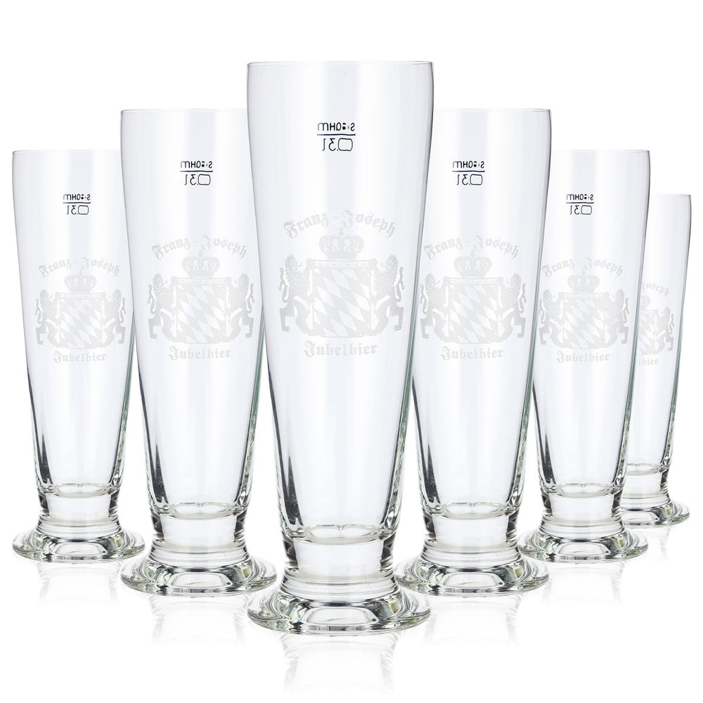 6 Franz Joseph Beer Glasses, 0.3 L, Goblet-Shaped, "Jubelbier Sahm" (Set of 6)
