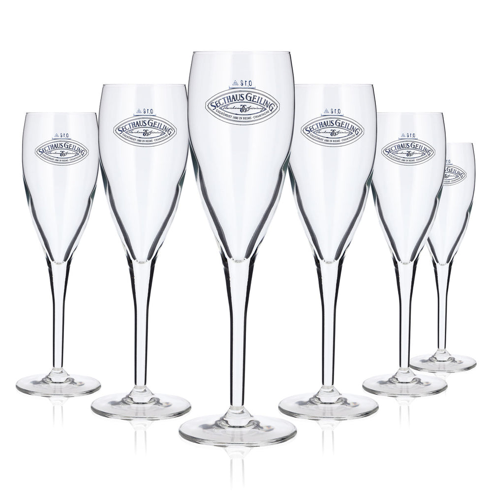 6 Goldhand Champagne Glasses, 0.1 L, Secthaus Geiling Logo, Blue (Set of 6)