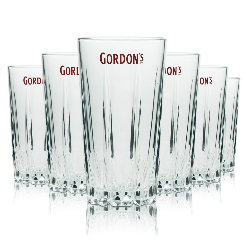 6x Gordon's Gin Glass 0.4L Long Drink Glasses Highball Relief Crystal Bar Cocktail