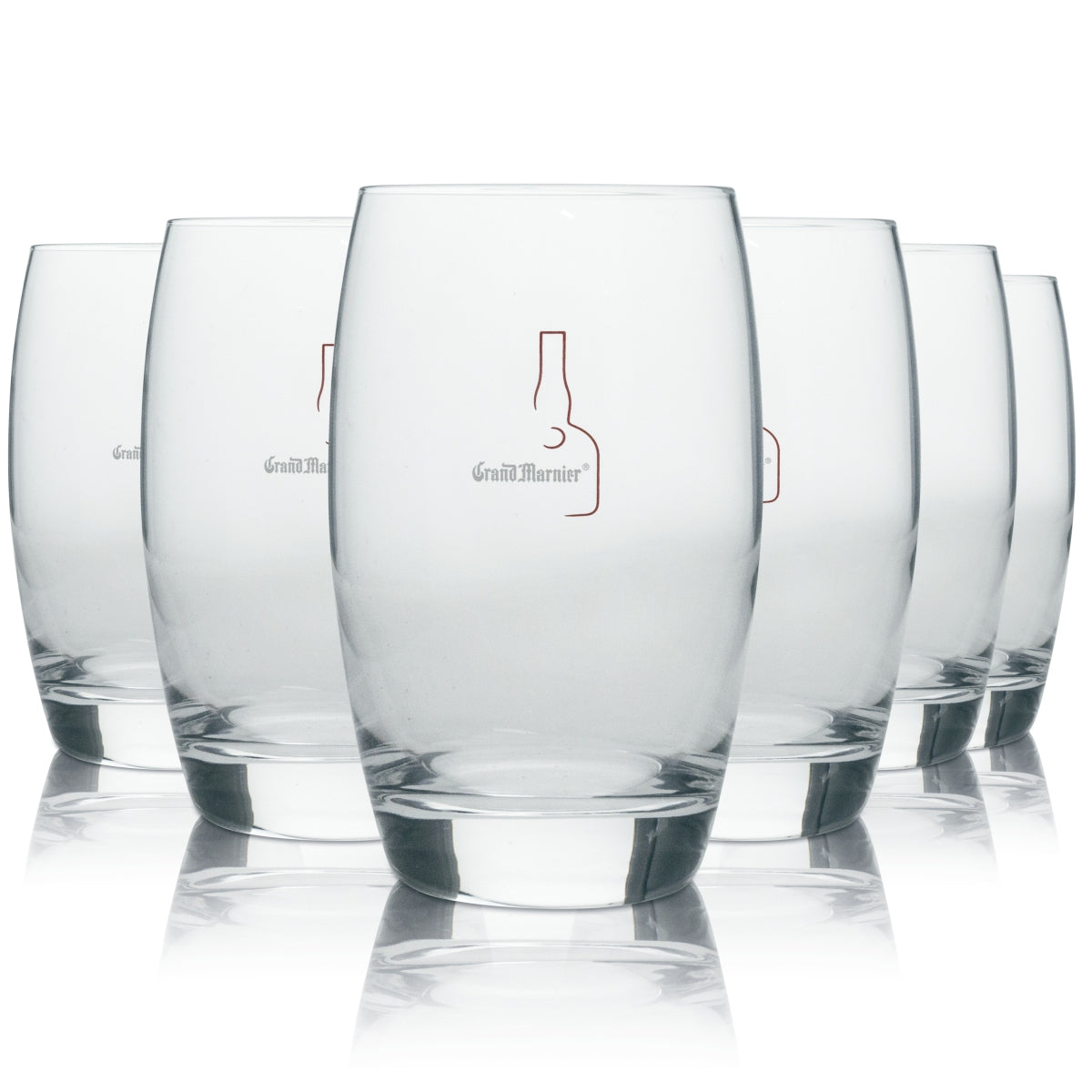 6x Grand Marnier liqueur glass tumbler with white lettering and red bottle