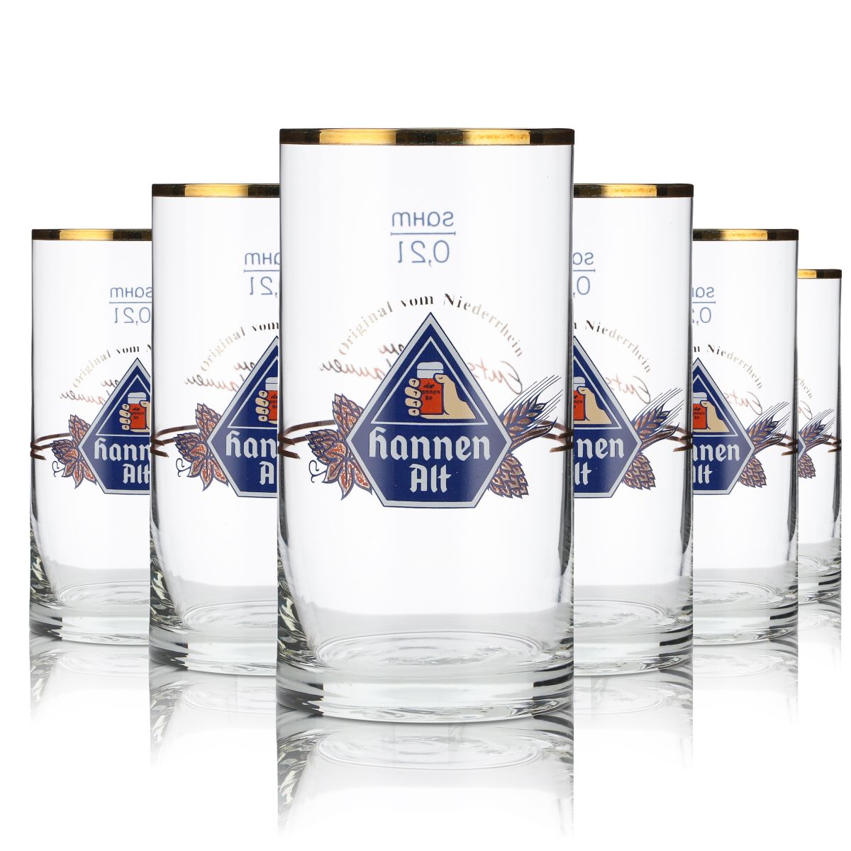 6x Hannen Alt beer glass 0.2l Altbierstange Willi mug gold rim Brewery