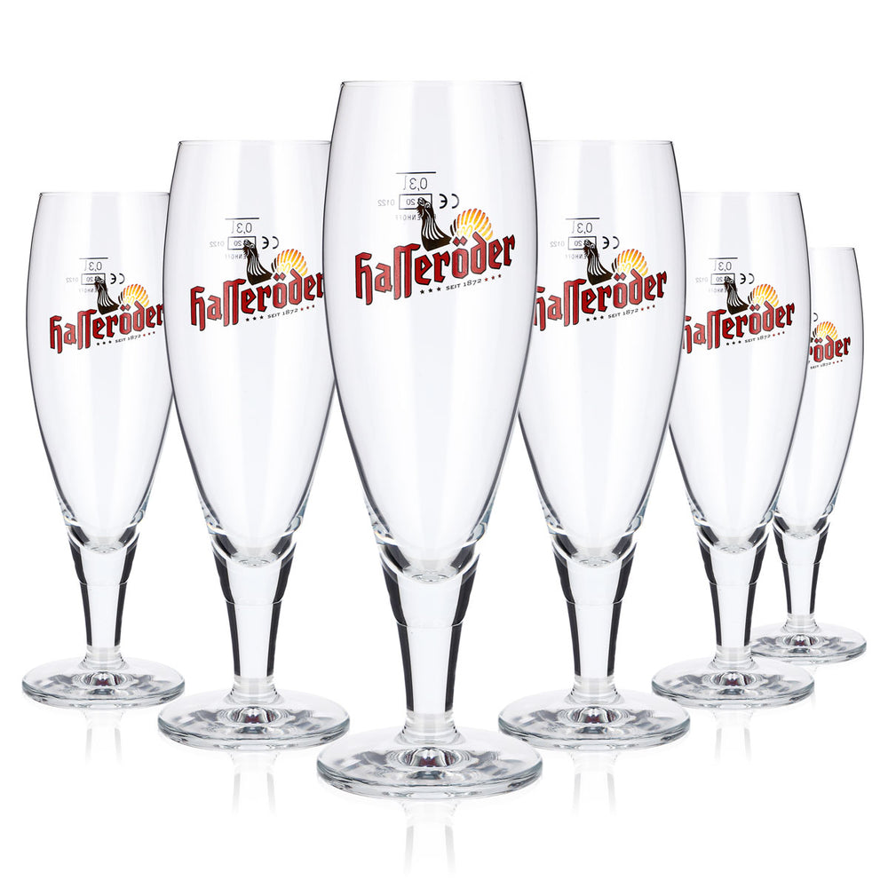 6 Hasseröder Beer Glasses, 0.3 L, "Golden Rooster" Ritzenhoff Tulip-Shaped Glasses