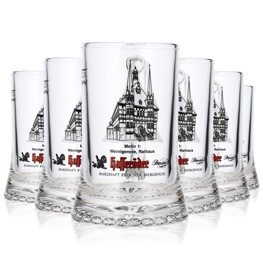 6 Hasseröder Beer Glasses/Mugs, 0.2 L, Design 1: Wernigerode Town Hall (Set of 6)
