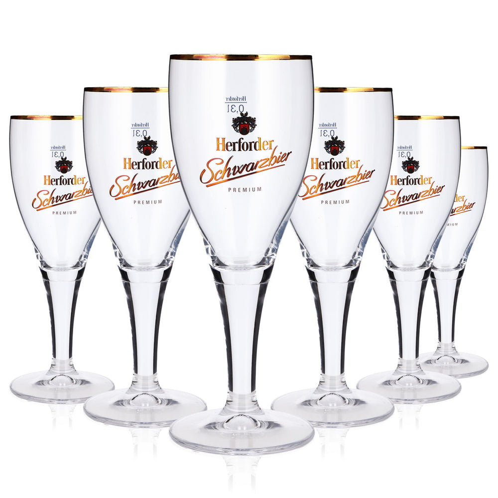 6 Herforder Brewery Beer Glasses, 0.3 L, Goblet-Style, Gold-Rimmed, Dark Beer Cup