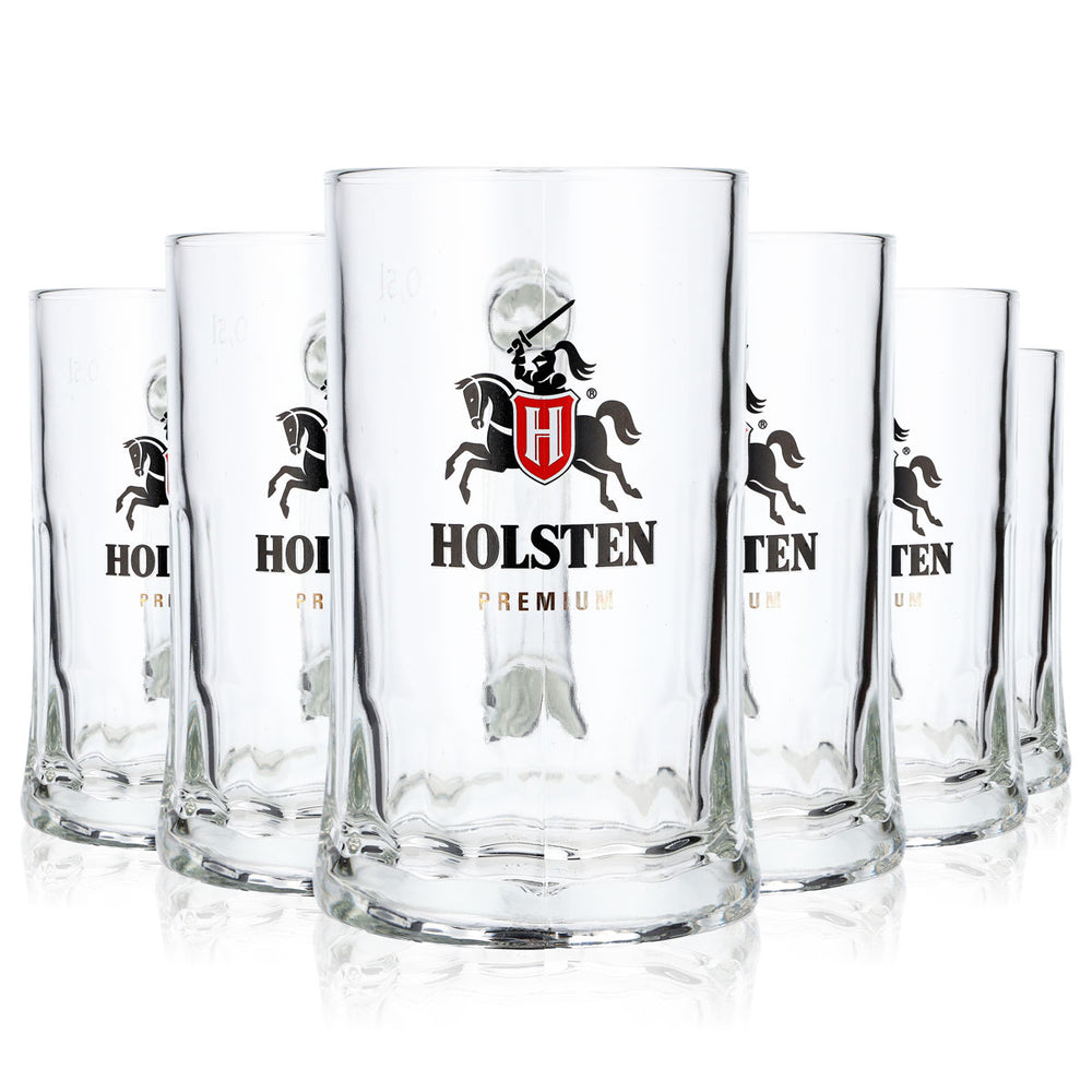 6 Holsten Beer Glasses, 0.5 L, Jug-Style, Large Logo, Premium, Gold Sahm (Set of 6)