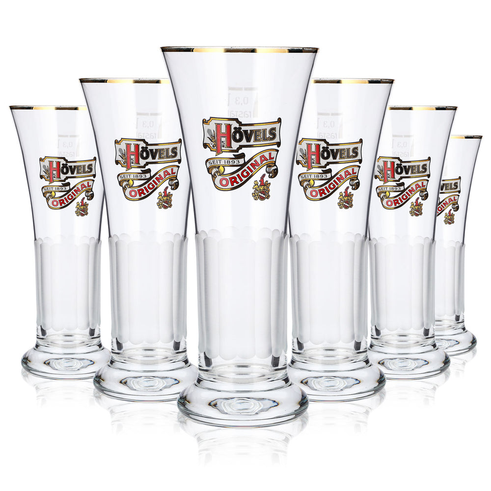 6 Hövels Beer Glasses, 0.3 L, Goblet, Gold Rim, Embossed, Frosted