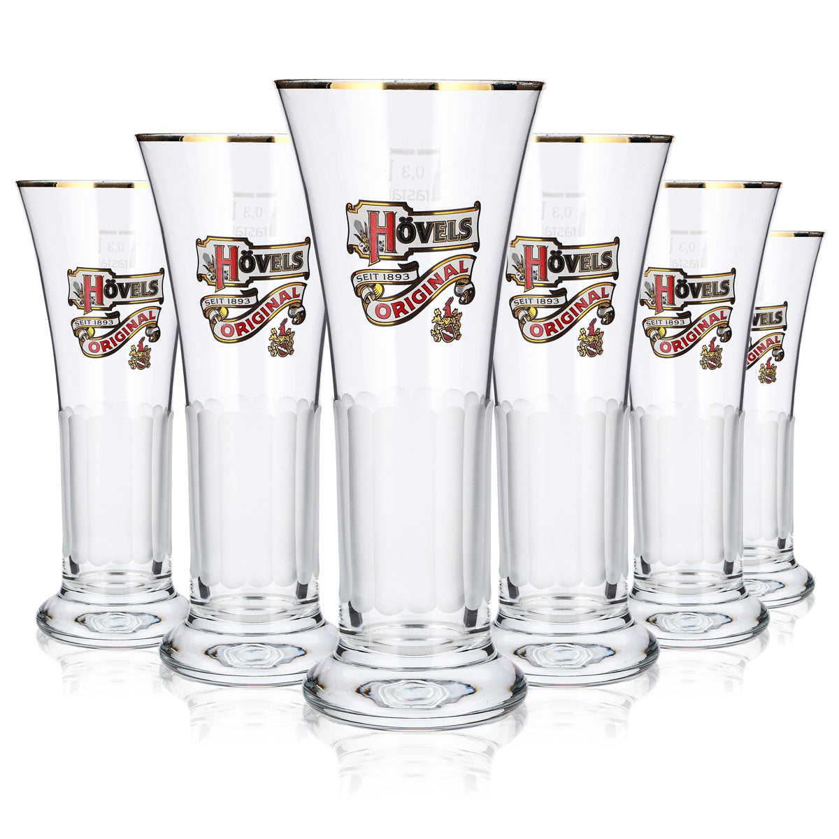 6 Hövels Beer Glasses, 0.3 L, Goblet, Gold Rim, Embossed, Frosted