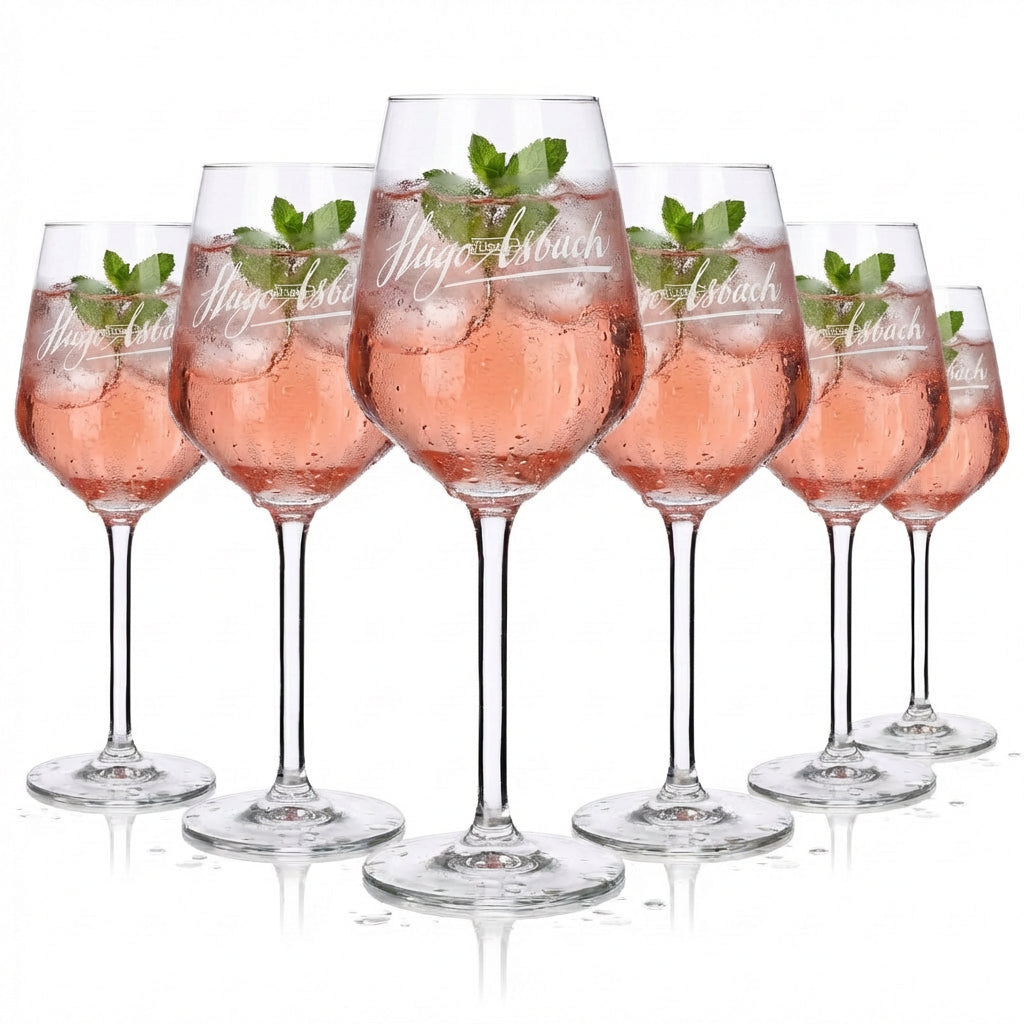 6x Hugo Glass 0.37l Asbach Wine Glasses Set Aperitif Cocktail Long Drink Goblet Glasses