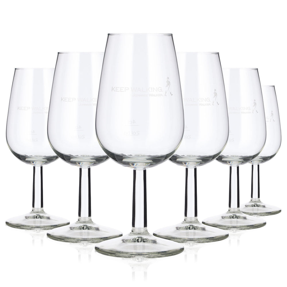 6 Johnnie Walker Whiskey Glasses (2 cl) + 4 cl Tasting Glass with Man on Logo