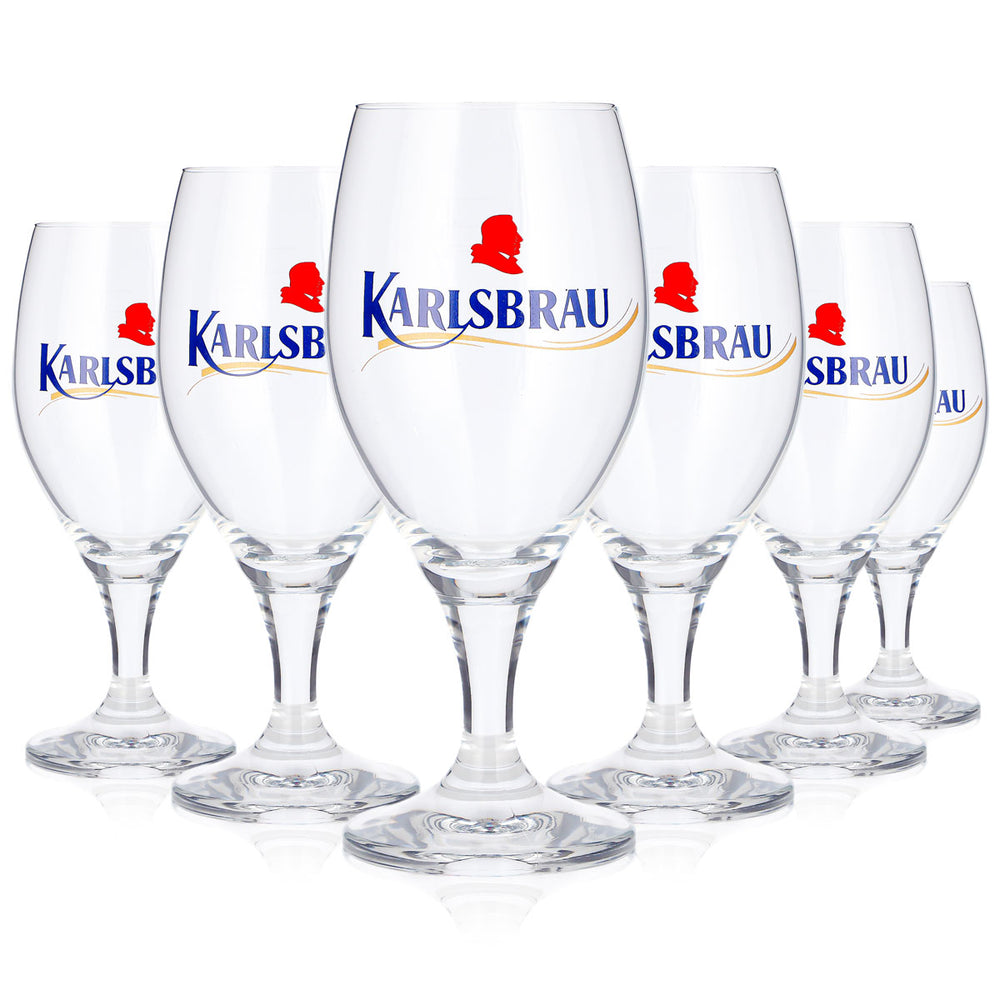 6 Karlsberg Beer Glasses, 0.25 L, Karlsbrau Trophy Glasses with Blue Lettering (Set of 6)