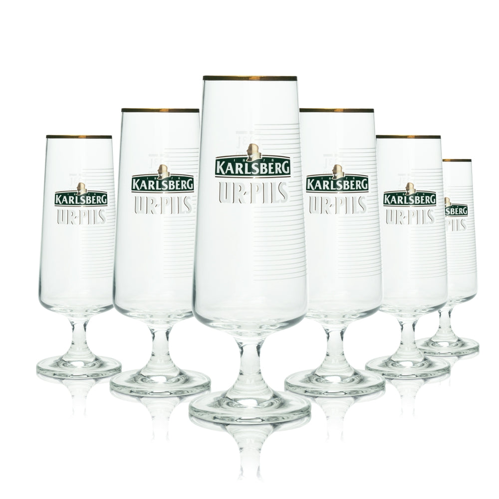 6x Karlsberg Beer Glass 0.3l Urpils Cup Gold Rim Sahm Tulip Glasses Brewery Bar